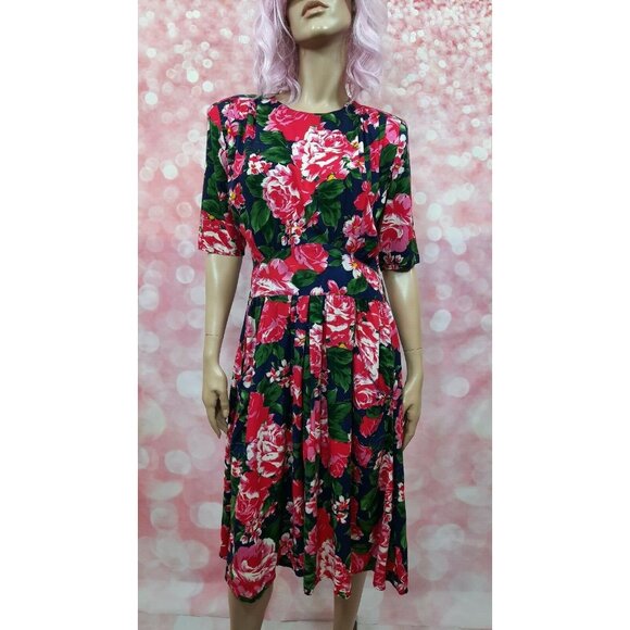 Vintage 80s Floral Rose Dress Size M With Pockets Caroline Wells Pink Blue Midi - Picture 3 of 12